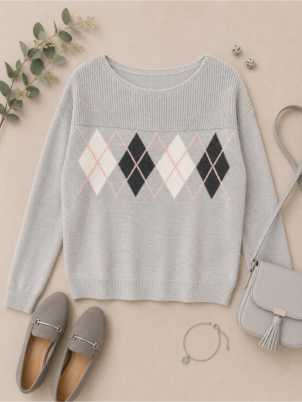 GAP Grey Argyle Knit Sweater Size Small